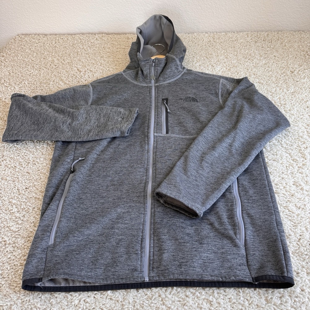 The North Face Mens Large Gray Hooded Full Zip Fleece Jacket Stretch Hiking